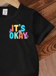 年轻女孩“没关系”彩虹、蝴蝶、星星、雏菊、樱桃印花圆领短袖可爱黑色 T 恤