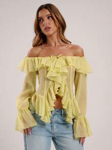 SHEIN BAE 女式纯色荷叶边露肩长袖开衩时尚衬衫 - 黃色 - 查看 4