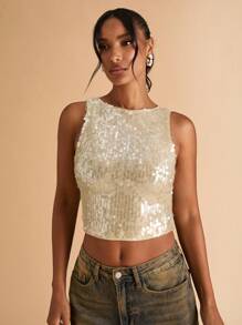 SHEIN BAE Women's Solid Color Sequin Cropped Fitted Glam Camisole - Apricot - View 7