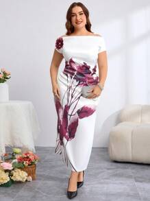 SHEIN Clasi Plus Size Women Elegant And Romantic 3D Flower Decoration On Shoulders, One-Shoulder Satin Floral Bodycon Fitted Elegant Dress,Wedding Guest Dress Women,Summer,Satin Dress,Suitable For Summer