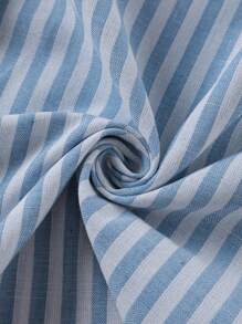 SHEIN LUNE 加大码蓝白条纹及膝秋季连衣裙，带开领衬衫，淡蓝色连衣裙，女士有袖连衣裙，蓝色返校节连衣裙，舒适棉质商务休闲女式工作服商务连衣裙 - 淺藍色 - 查看 6