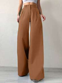 EURMUSE Solid Wide Leg Suit Pants - Camel - View 3