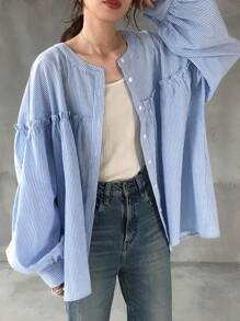 FRIFUL 女式长袖条纹面料拼接荷叶边褶饰宽松休闲百搭正式衬衫，秋季女装 - 藍色 - 查看 1
