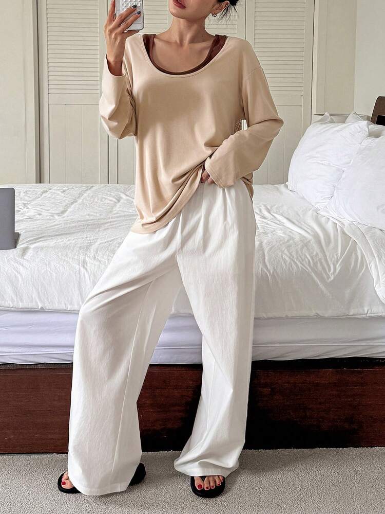 3pcs Minimalist Solid Color Vest, Loose Tunic And Long Pants Loungewear Set For Women, Fall Clothes Pajama