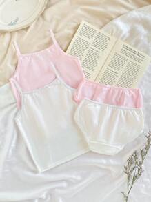 2件套少女纯色蝴蝶结吊带背心和三角短裤套装 - 彩色 - 查看 2