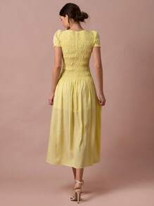 Enchnt Váy xòe nhún bèo màu trơn đơn giản cho nữ, mùa hè - Màu vàng - Xem 7