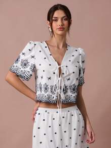 Enchnt Romantisches Set für Frühling/Sommer, weißes Oberteil mit Blumenstickerei-Print zum Binden vorne, Puffärmeln und Midirock für Damen, Urlaubsoutfit, süß und elegant für Geburtstage, Weihnachtsfeiern, süße Verabredungen, das tägliche Pendeln, Urlaub, Abschlussfeiern, Nachmittagstee und Gartenpartys, Sommeroutfits für Damen - Blau-Weiß - Übersicht 3
