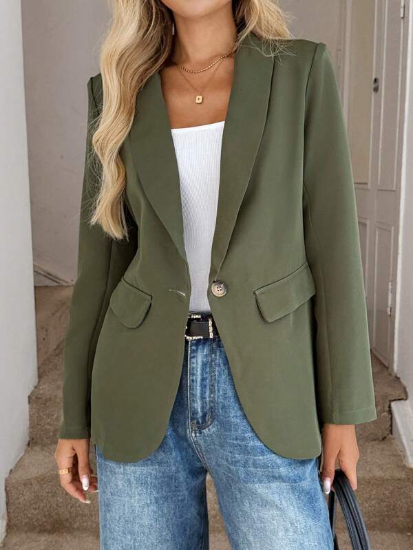 SHEIN LUNE Nueva chaqueta blazer gris-verde con botones en la cintura para damas, Otoño/Invierno 2024