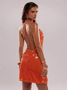 SHEIN BAE 橙色亮片露背吊带亮片迷你连衣裙、派对连衣裙、夜店连衣裙、俱乐部服装 - 橘色 - 查看 2