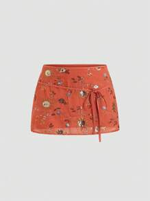 Sweetra Falda acampanada de ajuste ceñido con lazo bordado y lentejuelas naranja, estilo veraniego europeo y americano para mujeres