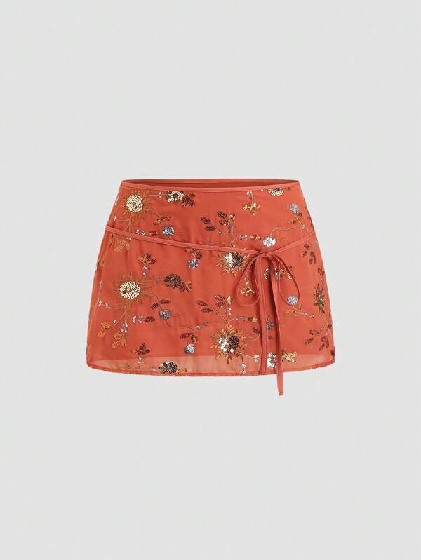 Sweetra European And American New Summer Orange Sequin Embroidered Bowknot Waist Slim Fit A-Line Skirt For Women