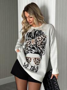 EURMUSE WOMEN WHITE KNIT SWEATER WITH LEOPARD PRINT GIRL GRAPHIC – LONG SLEEVE CASUAL ROUND NECK INTARSIA PULLOVER,Jumper,Cream Jumper,Jumpers,Black Jumper,Womens Jumper,Women's Jumper,Women's Jumpers,Winter Clothes - Beige - View 4