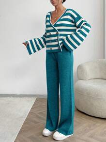 EURMUSE Women Stripe Pattern Front Button V-Neck Drop Shoulder Cardigan & Sweater Pants Set - Green - View 6