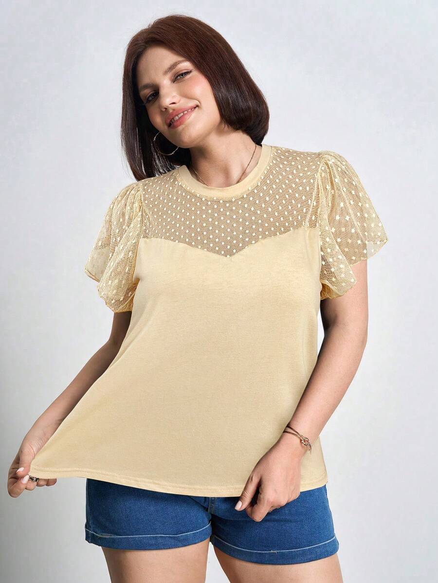 Chikora Plus Size Music Festival Women Loose Fit Round Neck Mesh Contrast Ruffle Short Sleeve Top For Summer,Office - Apricot - View 1