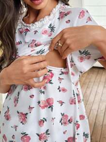 SHEIN Post Partum Lounge Set Romantic Printed Milk Silk Contrast Lace Comfortable Maternity Pajamas