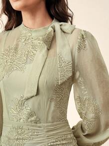 Anewsta Elegant Embroidered Beaded Dress With Waist Cinching And Flared Skirt - Green - View 7