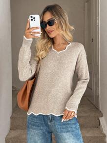 Easowa Women's Colorblock Sweater,Long Sleeve Tops In Fall/Winter - Khaki - View 5