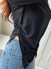 DAZY 不对称下摆拇指孔透视上衣无吊带背心外出上衣长袖女式上衣 - 黑色 - 查看 5