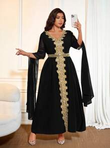 Cravure Áo choàng tay dài chắp vá phong cách cỡ lớn cho nữ, áo choàng ren trơn cho nữ - màu đen - Xem 3