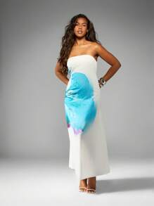 MISSGUIDED Wasserfarbendruck trägerloser Maxikleid im Empirestil mit Säulenschnitt, für Resort, Abendparty, Hochzeitsgast, Sommer, fließend