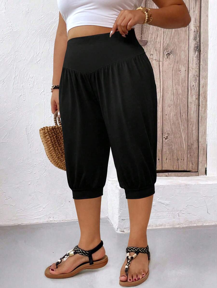 SHEIN CURVE+ Extra Plus Size Soft Solid Color Wide Leg Casual Lounge Capri Pants, High Waist, Comfortable & Loose, For Spring/Autumn