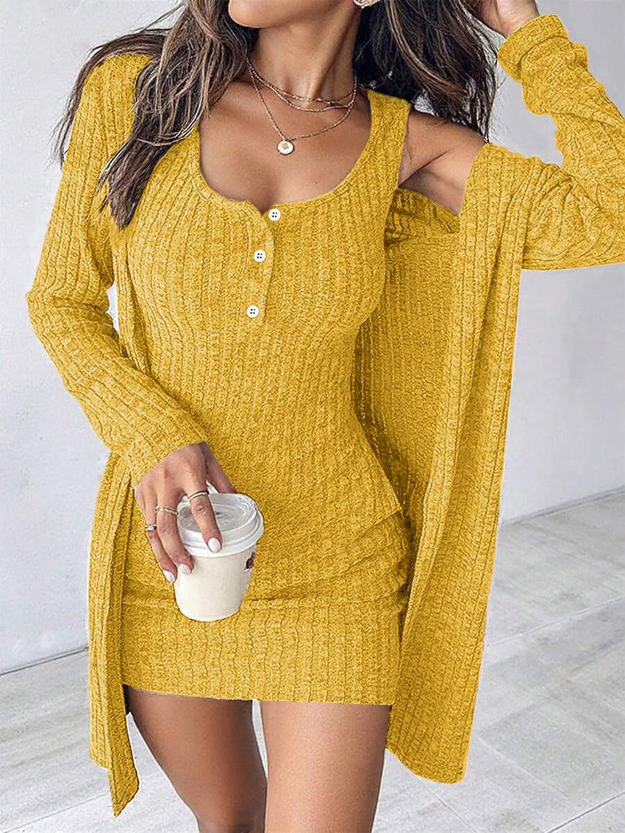 EMERY ROSE 女士性感蓝色两件套连衣裙，秋冬 - 黃色 - 查看 1