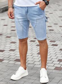 Manfinity Homme 男士纯色口袋设计休闲百搭时尚牛仔短裤 - 淺色水洗藍 - 查看 6