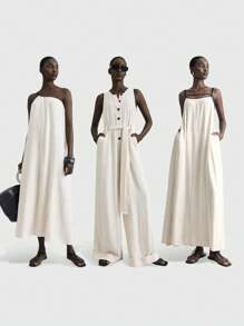 Ontre Damen Leinen Exklusivkleid für alle Jahreszeiten, lässiges Pendelkleid mit Träger und Rückenausschnitt, schwarzes Trägerkleid