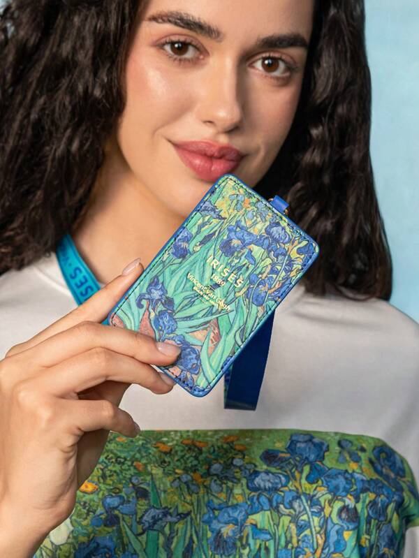 SHEIN Touch of Art 1 pieza Titular de tarjetas con impresión de flor de iris de PU, con capacidad para 1-2 tarjetas, ventana transparente, correa para el cuello, adecuado para hombres, mujeres, estudiantes, Vincent Van Gogh, arte, elegante