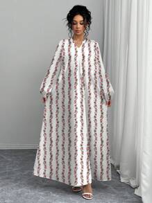 Modelyn Women's Floral Print Notched Neck Elegant Long Sleeve Dress - White - View 5