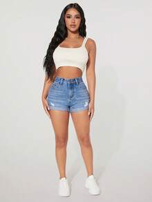 SHEIN PETITE 破洞反摺褲腳牛仔短褲 - 中等水洗藍 - 查看 4