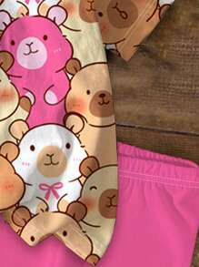 SHEIN 2 Stücke/Set niedliches Capybara Cartoon Tier Muster T-Shirt & Shorts Set, Tween-Mädchen Lässig minimalistischer Stil, geeignet für Sommer, fröhliche Kinder Sommer Outfits, Urlaubsgefühle, Sommer Blumen, Sommer Outfits für Urlaubsstimmung, Ferienkinderbekleidung, Urlaubsgefühle, im Stil gehen, Farbkontraste