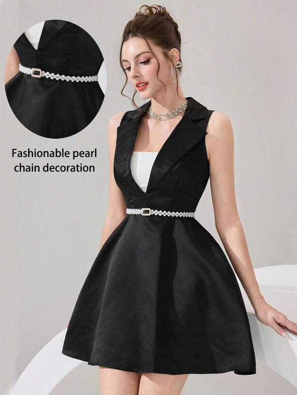 Poshira Women's Elegant Sleeveless Short Dress With Lapel Neck, Summer Women Dresses Elegant Gown Women Casual Dress Women Birthday Outfit Women Short Dresses Summer Women Clothes,Women's Fashion Elegant Socialite Wedding Prom Dress, Homecoming Homecoming Party Prom Dress For Women, Waisted A-Line Women's Dress, Waist Pearl Chain With Fashionable And Elegant, Black Dress