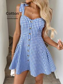 Easowa Women's Casual Tie Strap Bow Shoulder Padded Bust Cinched Waist Multi-Layer Flared Hem Button Front Jumper Dress, Plaid Pattern, Elegant Vacation Street Style Mini Dress - Blue and White - View 3