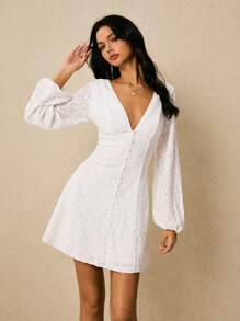 Poéselle 女士优雅纯色提花灯笼袖短款连衣裙 - 白色 - 查看 4