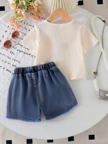 Young Girls Short Sleeve Tshirt, Stylish & Fashionable Young Girl Summer Apparel, Girls Apricot Textured Fabric Floral Print Tshirt Set - Apricot - View 2