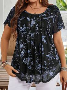 EMERY ROSE Plus Size Women Summer Short Sleeve Floral Print Shirt Tunic Blouse, Indigo Blue For Holiday,Summer Holiday,Vacation Outfits Women,Simple And Fashionable For Everyday Wear