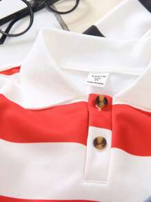 3 件套年轻男孩条纹拼色 Polo 领长袖运动衫，简单百搭，适合外出、户外和拍照