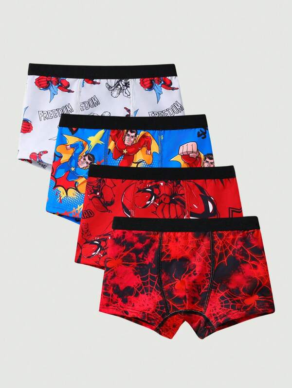 SHEIN 4pcs/Pack Young Boy Simple Comfortable Superhero & Spider Pattern Elastic Waist Sports Briefs Fall Winter