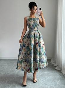 Elenzga Đầm mùa hè dài vừa phải không tay cổ tròn in hoa cho nữ - màu xanh lá - Xem 1