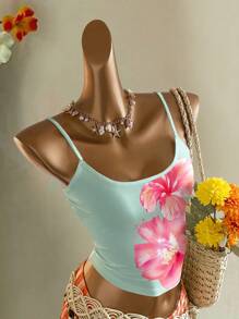 SHEIN EZwear 复古风热带粉色印花露背吊带背心，性感迷人，适合夏季外出穿着 - 彩色 - 查看 11