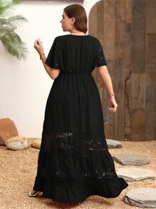 SHEIN Clasi 大码优雅蕾丝拼布 V 领波西米亚风格连衣裙 - 黑色 - 查看 2