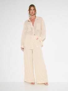 KIZN 优雅亮片纽扣衬衫超大长袖晚会节日特殊场合闪亮闪光上衣 - 杏色 - 查看 4