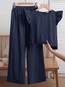 SHEIN Everyday Casual Navy Blue Two-Piece Set With Short Ruffle Sleeve Blouse And Pants - Navy Blue - View 2
