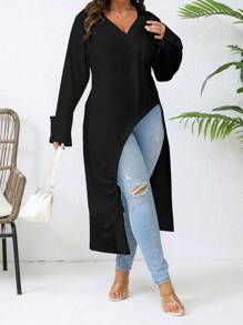 Camisa larga con manga larga, abertura lateral fruncida y unicolor para mujer de talla grande - Negro - Ver 7