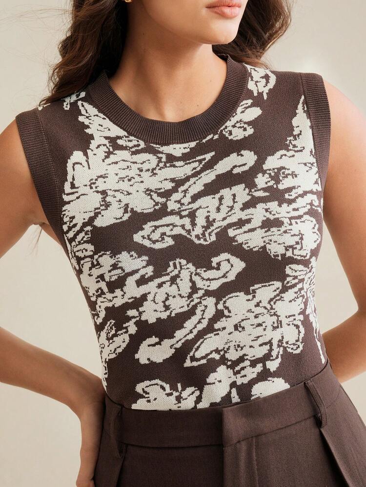 Women Floral Pattern Round Neck Casual Knit Sweater Vest