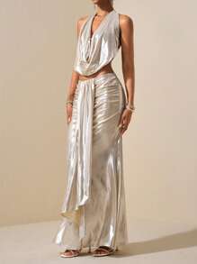 Zivah 2025 年夏季新款波西米亚优雅派对性感海滩度假防晒病毒病毒两件套女士套装 - 杏色涂层垂坠领精致贝壳装饰长裙 - 杏色 - 查看 4