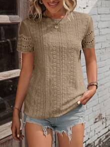 SHEIN LUNE Eyelet Embroidery Scallop Trim Tee