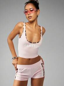 Missguided x Playboy Pantaloni scurți din amestec de bumbac cu talie înaltă, pantaloni scurți de dans, îmbrăcăminte de vară, festival, plajă, lenjerie de pat, pantaloni scurți estetici Y2K - Roz - Vizualizare 5