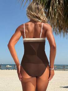 Swim Lushoire 2 件纯色印花设计加厚胸围可拆卸肩带修身成熟风女式分体泳衣套装 - 咖啡棕 - 查看 2